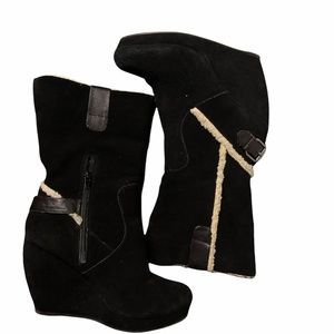 Black Wedge Mid Calf Boots with Fur